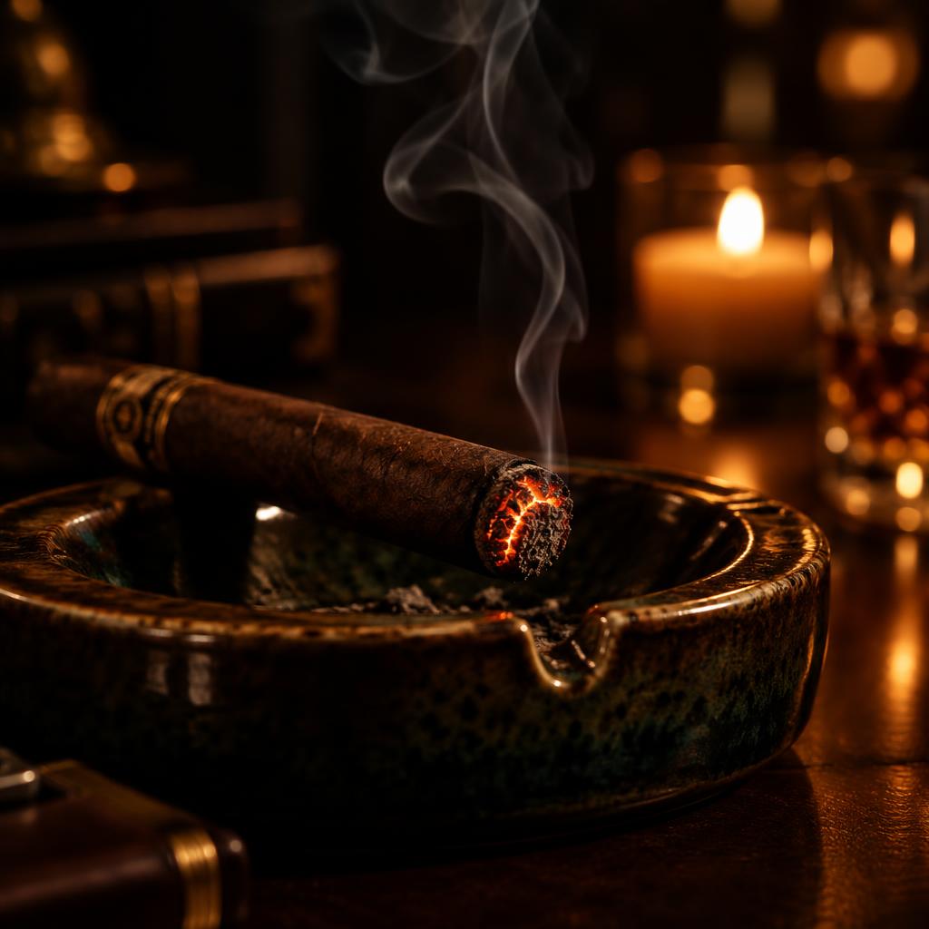 A lit cigar glowing softly in a ceramic ashtray