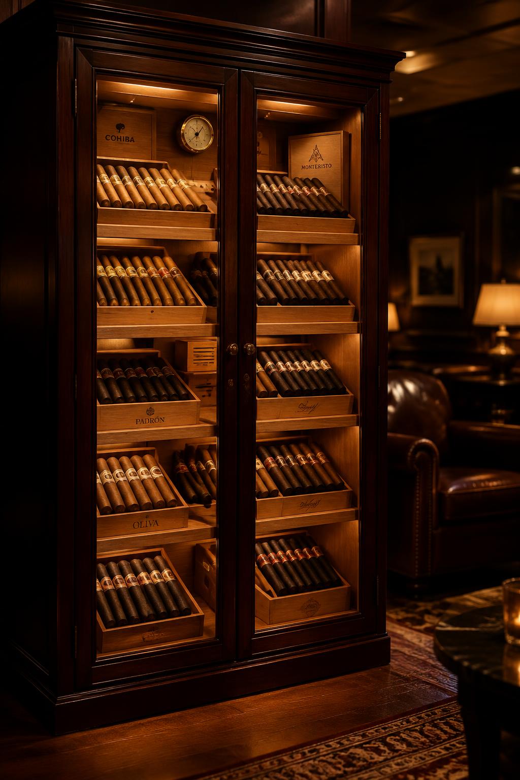 The Ashes humidor cabinet — dark cherry wood, tall framed glass doors glowing with warm amber light, rows of cigars visible inside