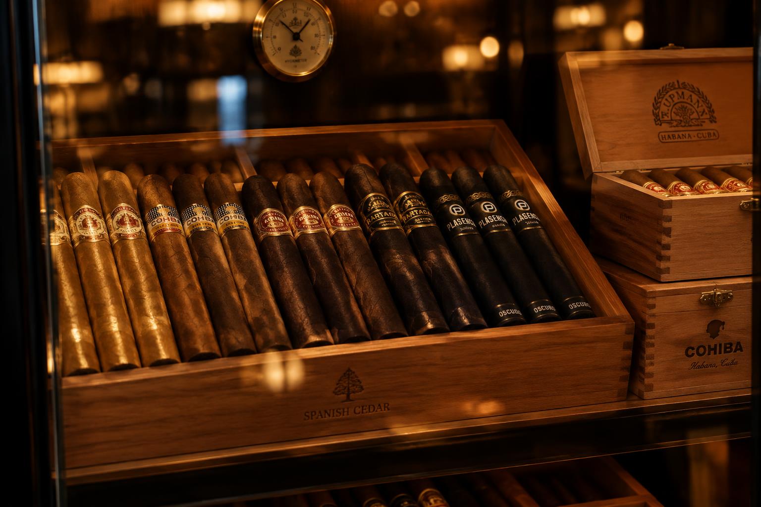 Rows of cigars — golden claro to deep maduro — seen through the cabinet glass in warm amber light