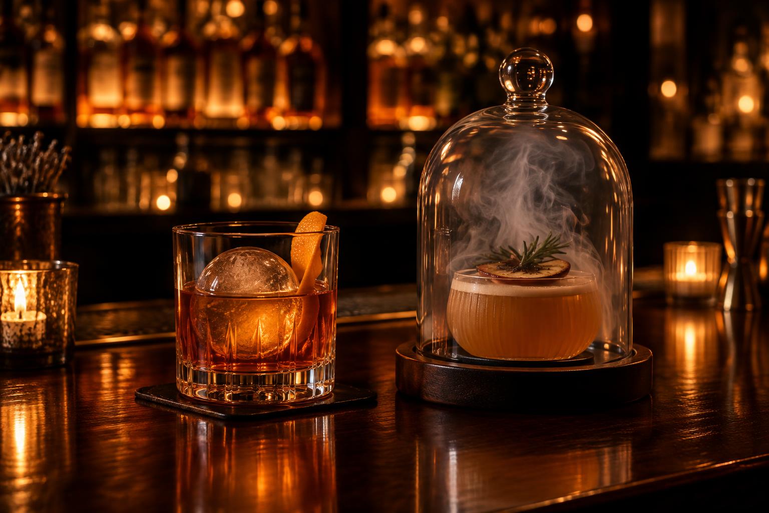 A whisky pour catching warm amber light beside a glass on a dark wooden bar top