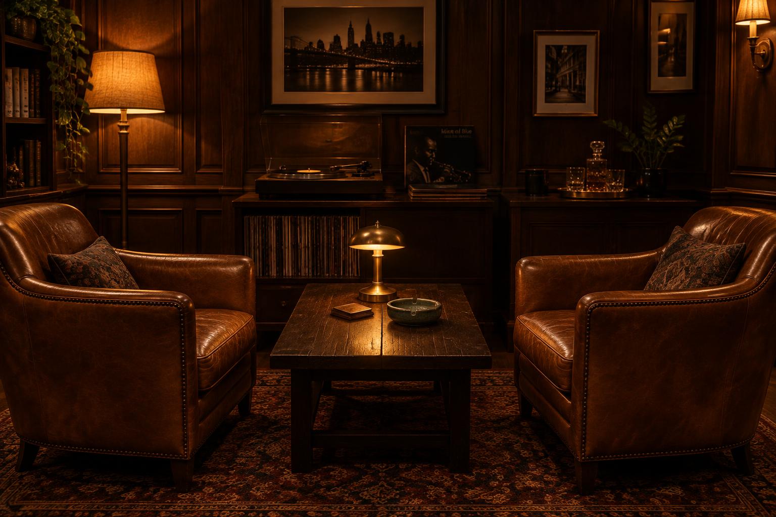 Two leather chairs facing each other across a small table lit by a warm lamp